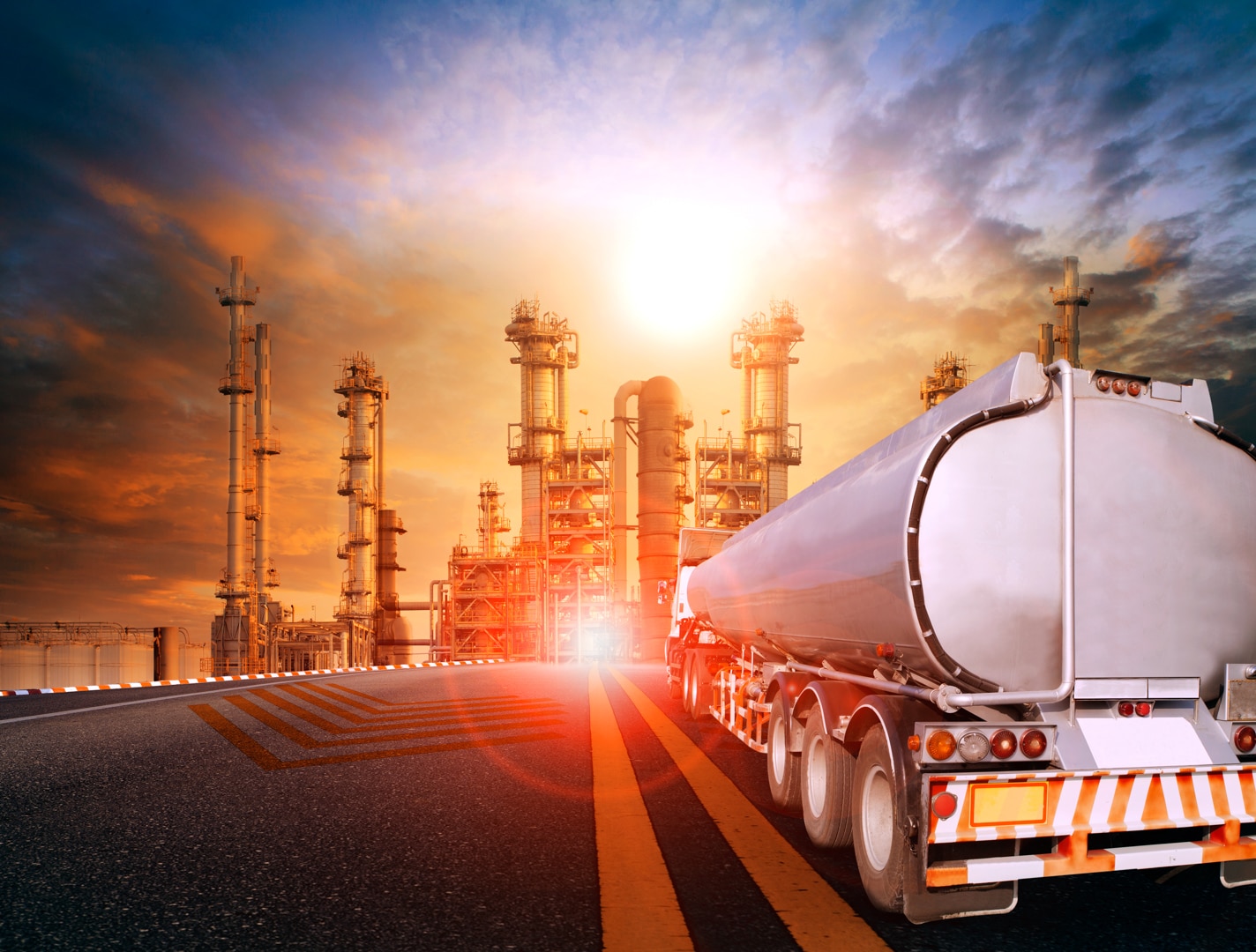 oil container truck and heavy petrochemical industries plant for petroleum fuel industrial theme